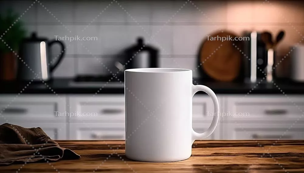 الگوی موکاپ فنجان سرامیکی سفید واقعی در دکوراسیون داخلی منزل