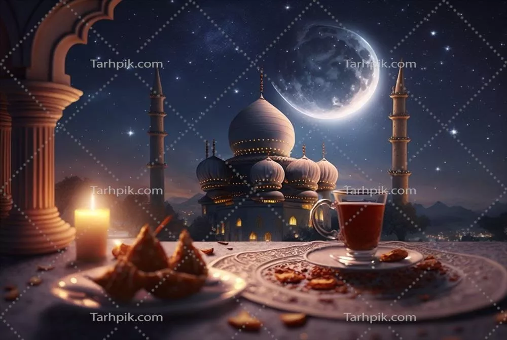 طرح پس زمینه جشنواره رمضان کریم با فنجان چای و خرما برای منوی افطار