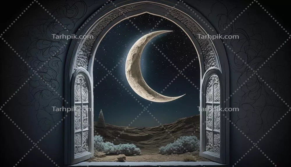پنجرهای رمزآلود با ماه هلالی در آسمان شب برای تبریک عید فطر و قربانی