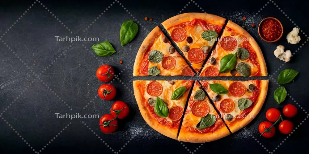 بهترین نمای پیتزا بر روی میز سیاه با مواد اولیه و طراحی شده با هوش مصنوعی