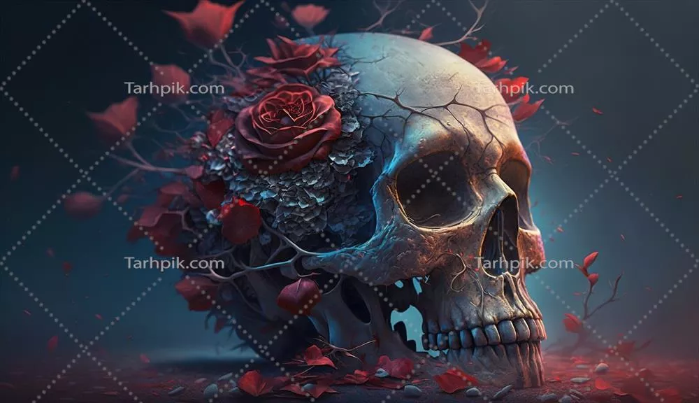 تصاویر طراحی شده با هوش مصنوعی از جمجمه انسانی در میان گل‌های زیبا برای هالووین و روز مردگان