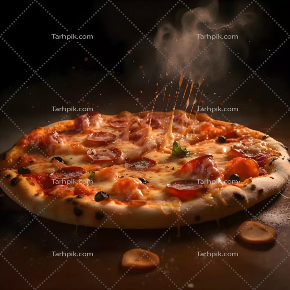 تصویر ارائه شده از پیتزا با گوشت خوک و موتزارلا بر روی زمینه تیره