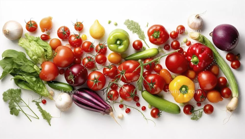 سبزیجات تازه بر روی پسزمینه سفید: مفهوم غذای سالم با استفاده از هوش مصنوعی