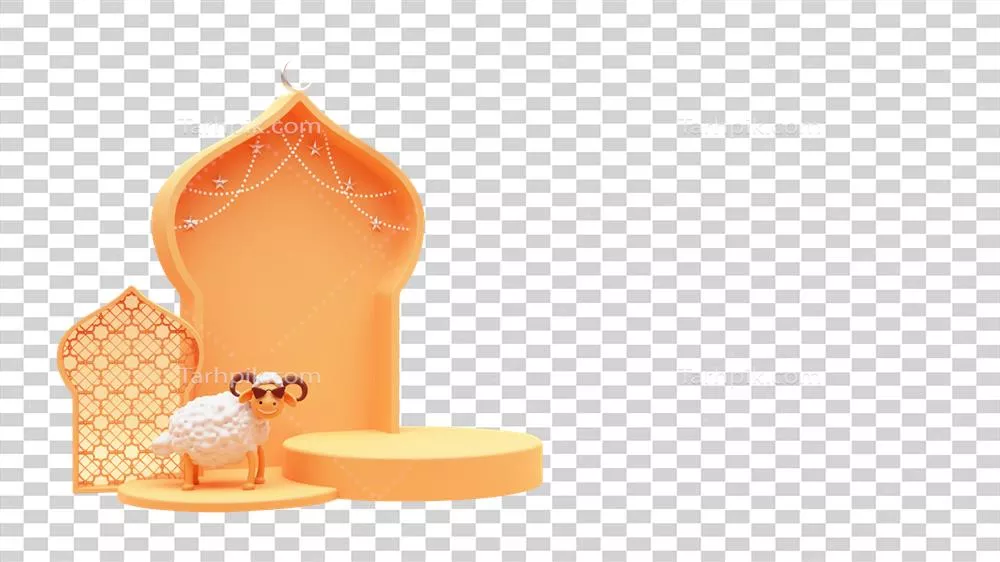طرح سه‌بعدی از کاشی‌های طلایی مسجد با هلال نقره‌ای و ستاره‌ها و گوسفندهای کارتون دار