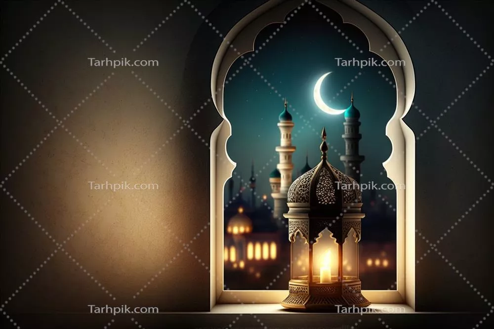 تصویری از یک مسجد اسلامی در شب با ماه و فانوس به سبک شهر اسلامی در پسزمینه پنجره در عید فطر