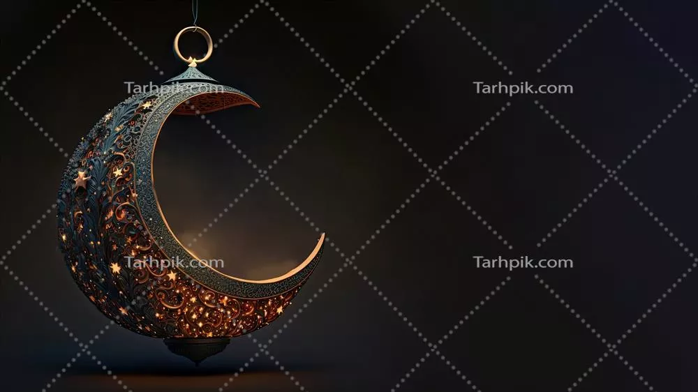 رندر سه‌بعدی زیبای ماه هلالی معلق با ستاره‌ها بر روی پس‌زمینه مشکی؛ نماد مذهبی اسلامی