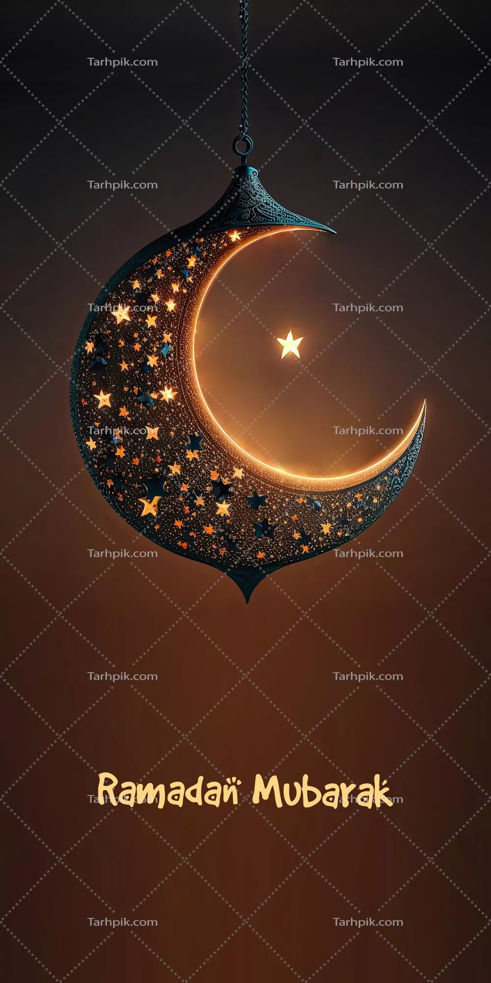 طراحی بنر رمضان مبارک با رندر سه بعدی ماه هلالی درخشان و ستارهای روی پسزمینه سیاه