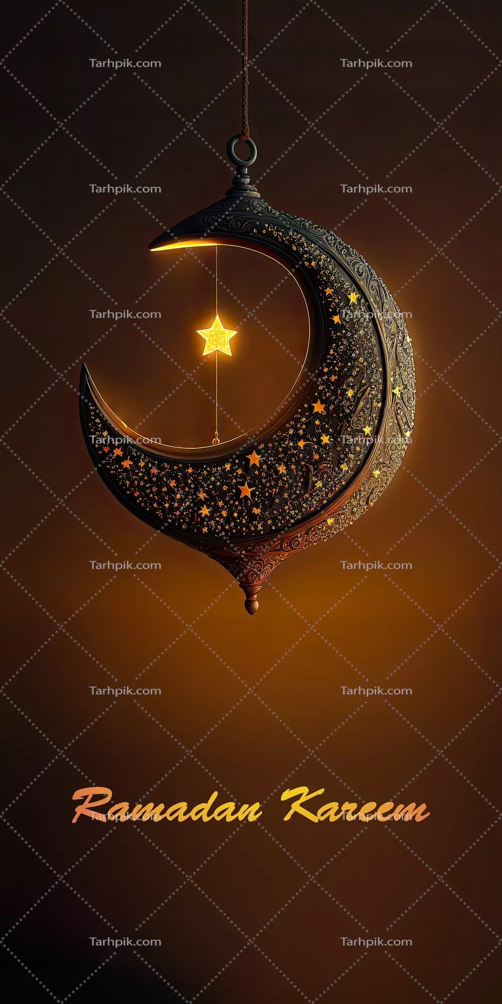طراحی بنر مبارک رمضان با رندر سهبعدی ماه هلالی درخشان و ستارهای بر روی پسزمینه مشکی