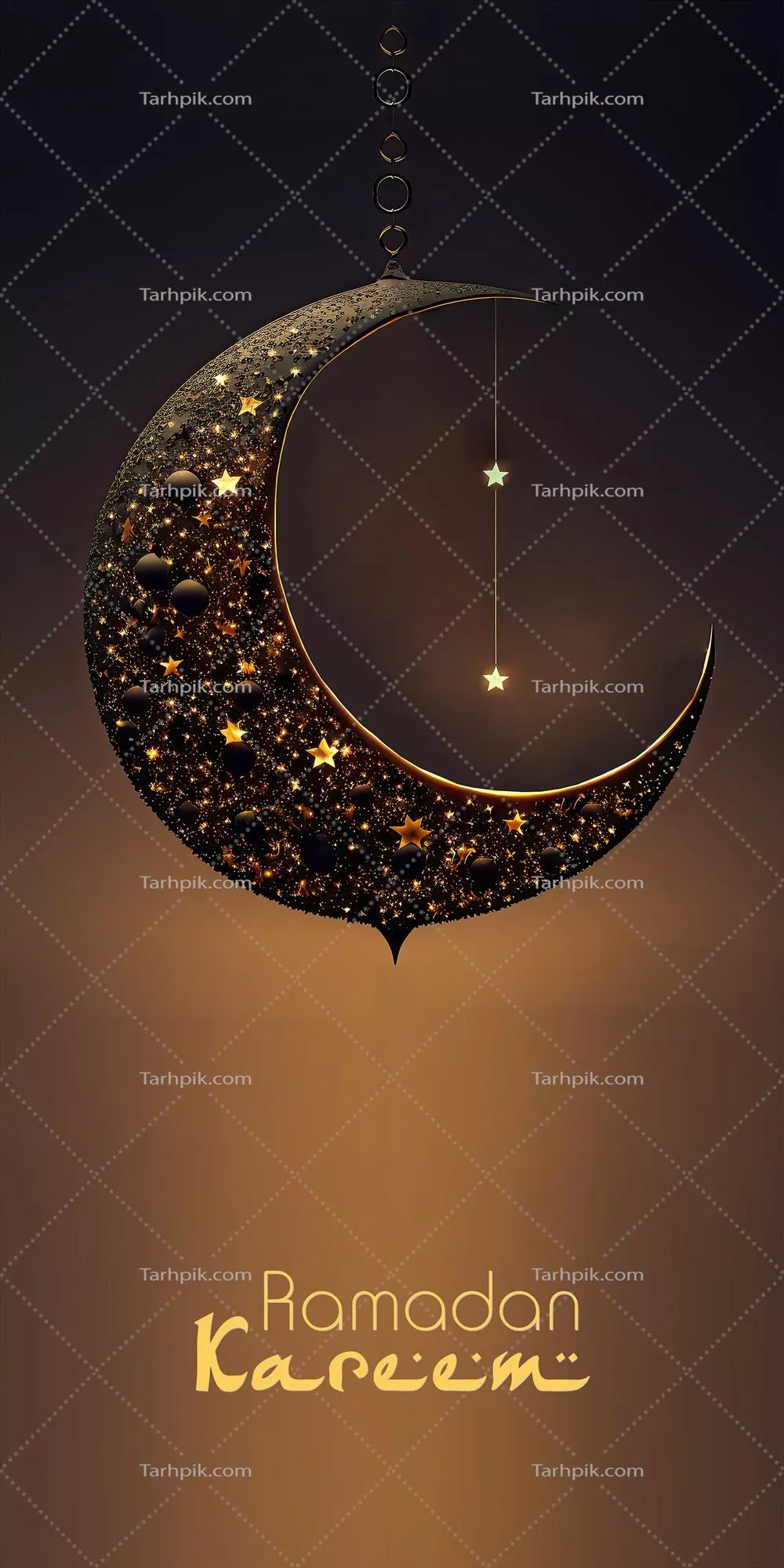 طرح بنر مبارک رمضان با رندر سهبعدی هلال درخشان و ستارهای بر روی پسزمینه سیاه