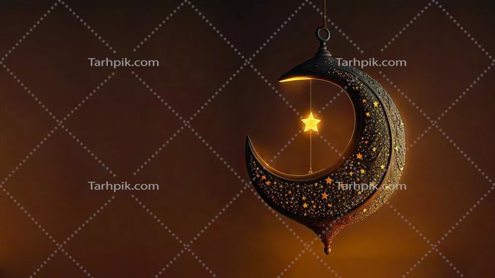 نقش برجسته ی 3 بعدی ماه آویزان با ستاره بر روی پس زمینه تاریک: مفهوم مذهبی اسلامی