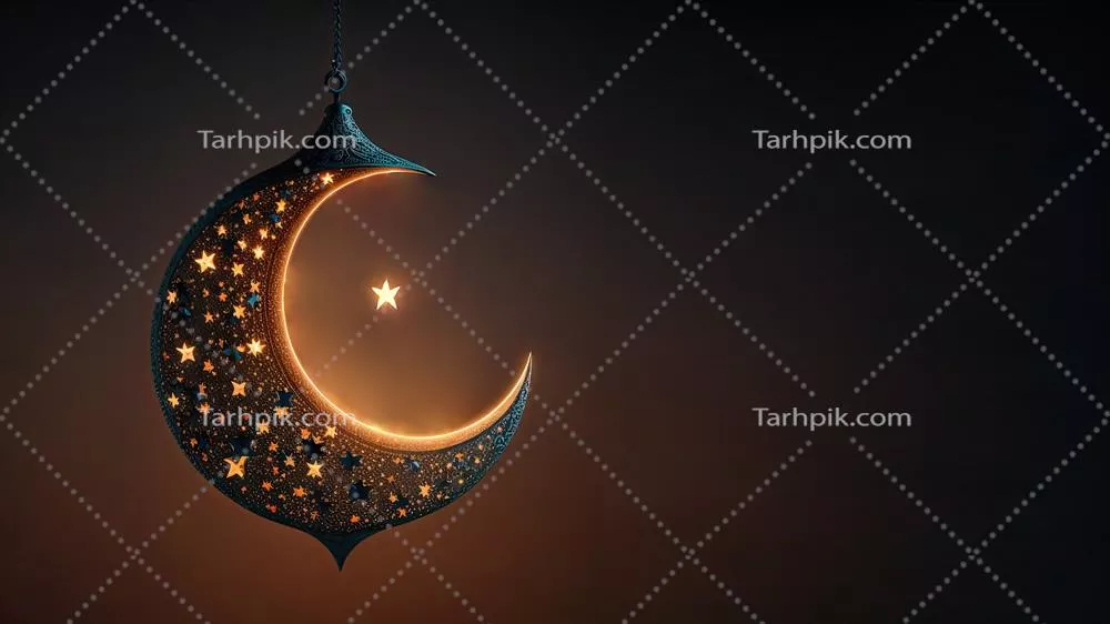 رندر سه بعدی از ماه زیبای معلق با ستاره در پس زمینه تاریک - مفهوم اسلامی