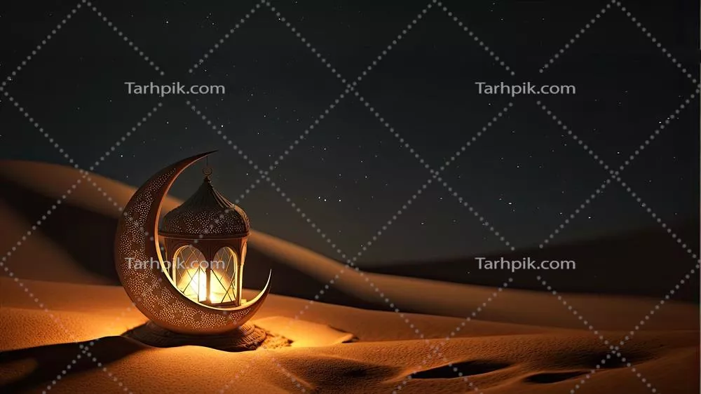 تجسم سهبعدی از هلال طلایی با فانوس عربی در بستر شنی – مفهوم مذهبی اسلامی