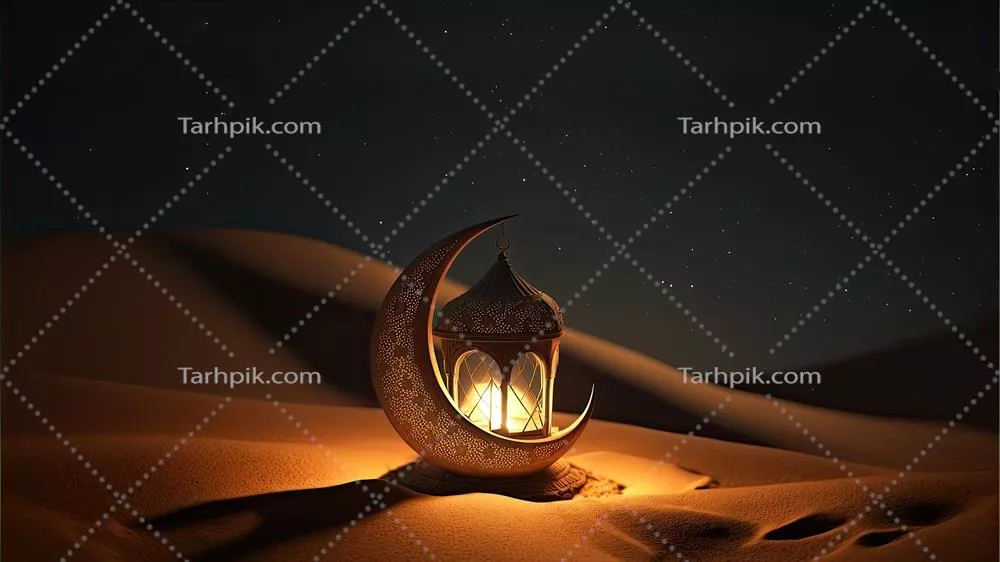 نقش سه‌بعدی ماه هلال طلایی و چراغ عربی روشن بر روی تپه شنی – مفهوم اسلامی