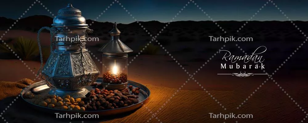 بنر خوش آمدگویی رمضان با طراحی سه بعدی از کاسه و میوه‌های خشک در سینی نقره‌ای و فانوس‌های روشن