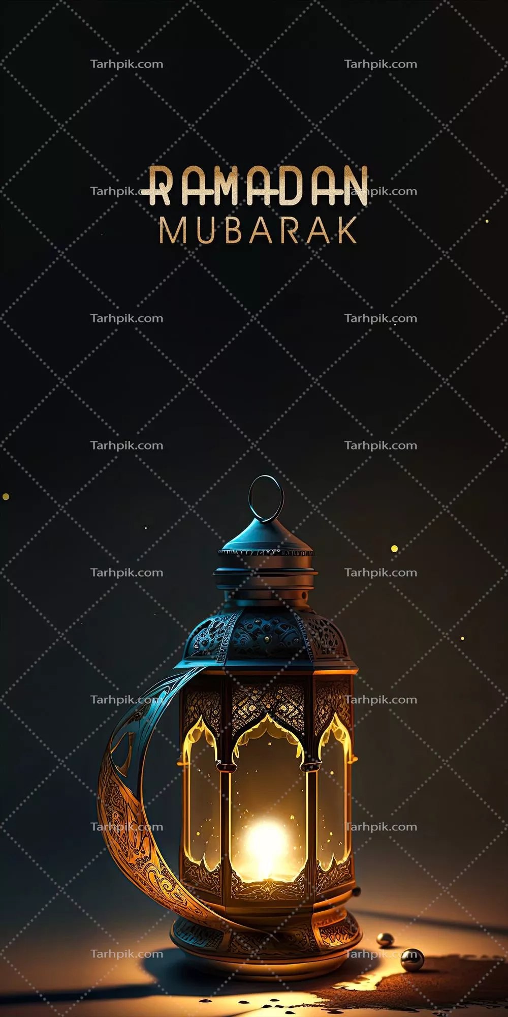 طراحی بنر رمضان مبارک با متن درخشان طلایی و چراغ عربی سه بعدی روشن