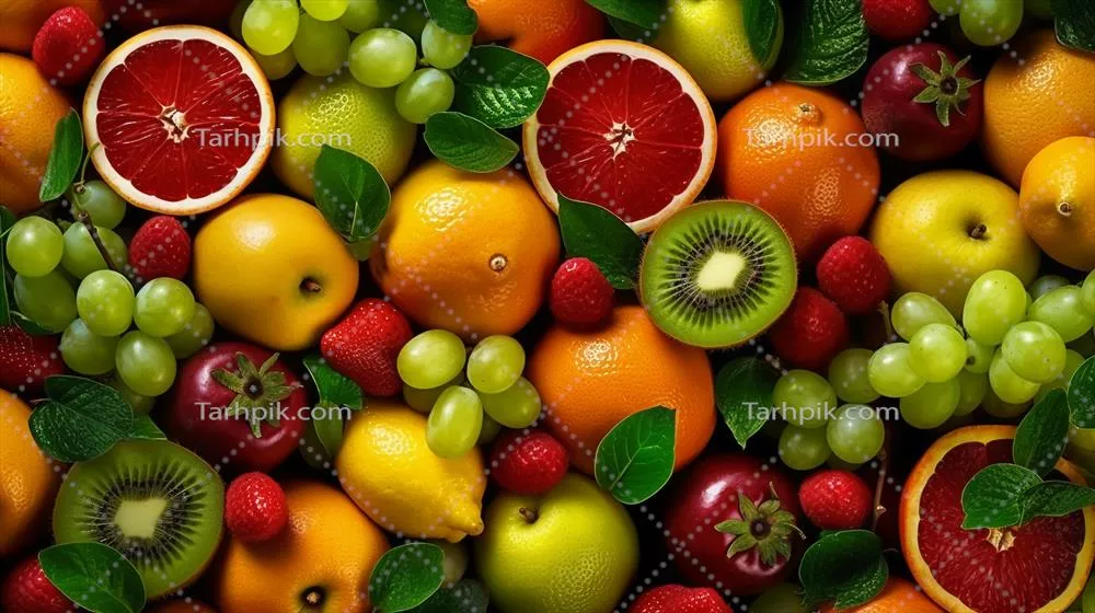 تصویر پسزمینهی میوههای آبدار از نمای بالا با استفاده از هوش مصنوعی