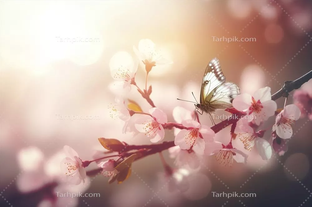 تصویری رویایی و عاشقانه از شکوفه‌های گیلاس در بهار با آسمان آبی و پروانه‌ها