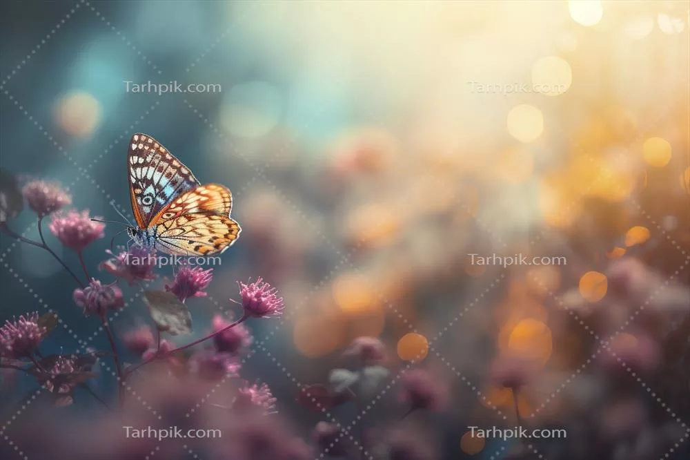 دشت گلهای مروارید در نور طلایی غروب خورشید بهاری و تابستانی با یک پروانه نارنجی