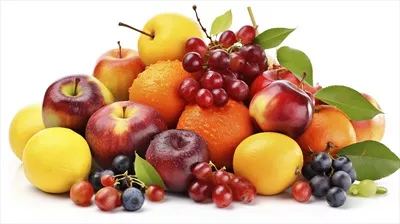 میوههای رسیده و تازه بر روی زمینه سفید - تولید شده با هوش مصنوعی