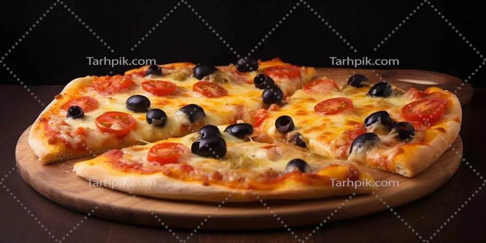 پیتزای خوشمزه با گوجه‌فرنگی و زیتون تولید شده با هوش مصنوعی