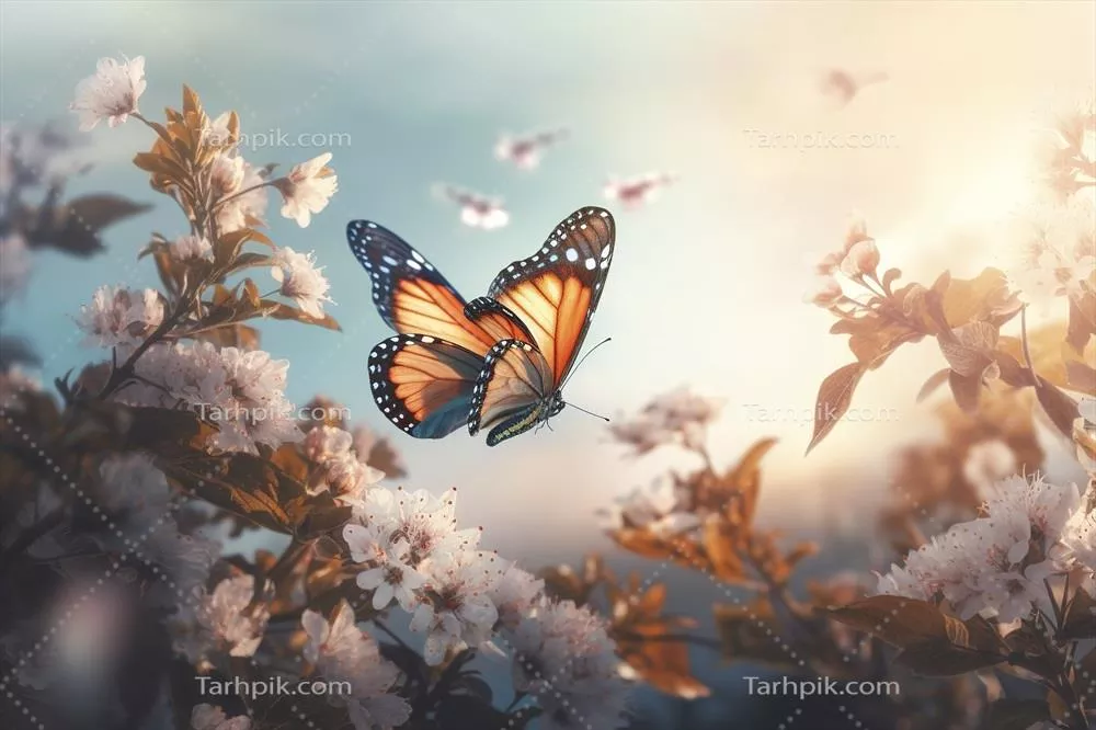banner بهاری با شاخههای شکوفههای گیلاس و آسمان آبی، تصویر رمانتیک بهاری