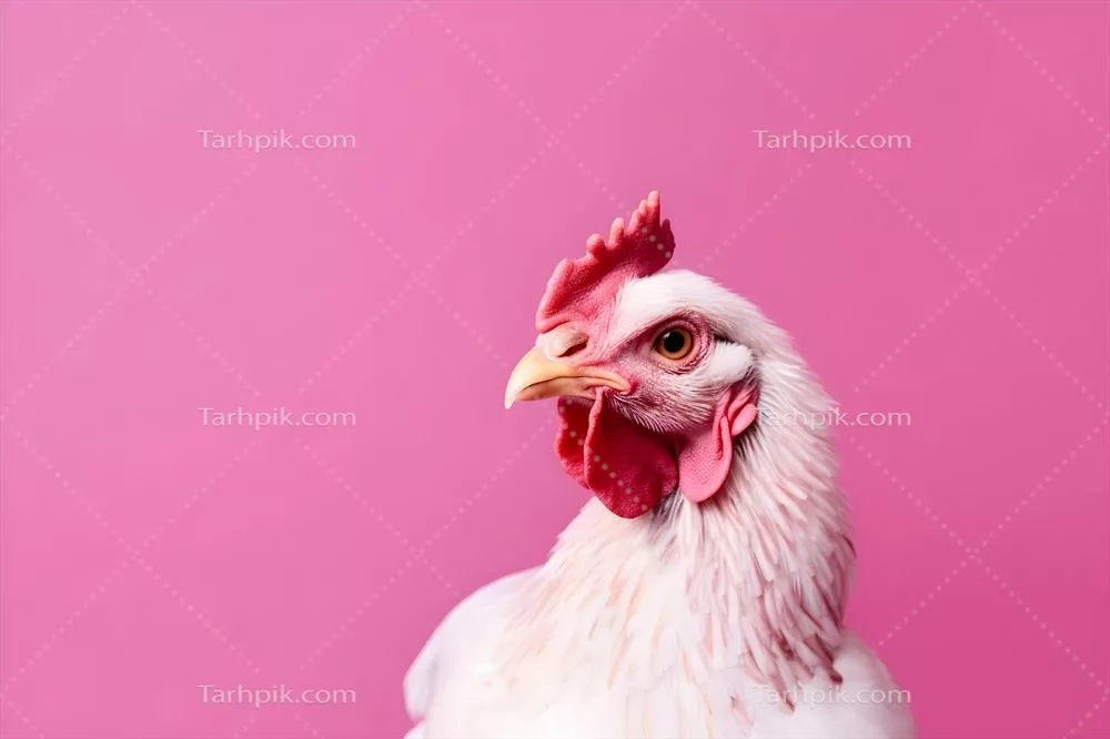 تصویر طرحی از سر مرغ بر روی پس‌زمینه صورتی با فضای خالی برای نوشتن، مفهوم کشاورزی و دامپروری