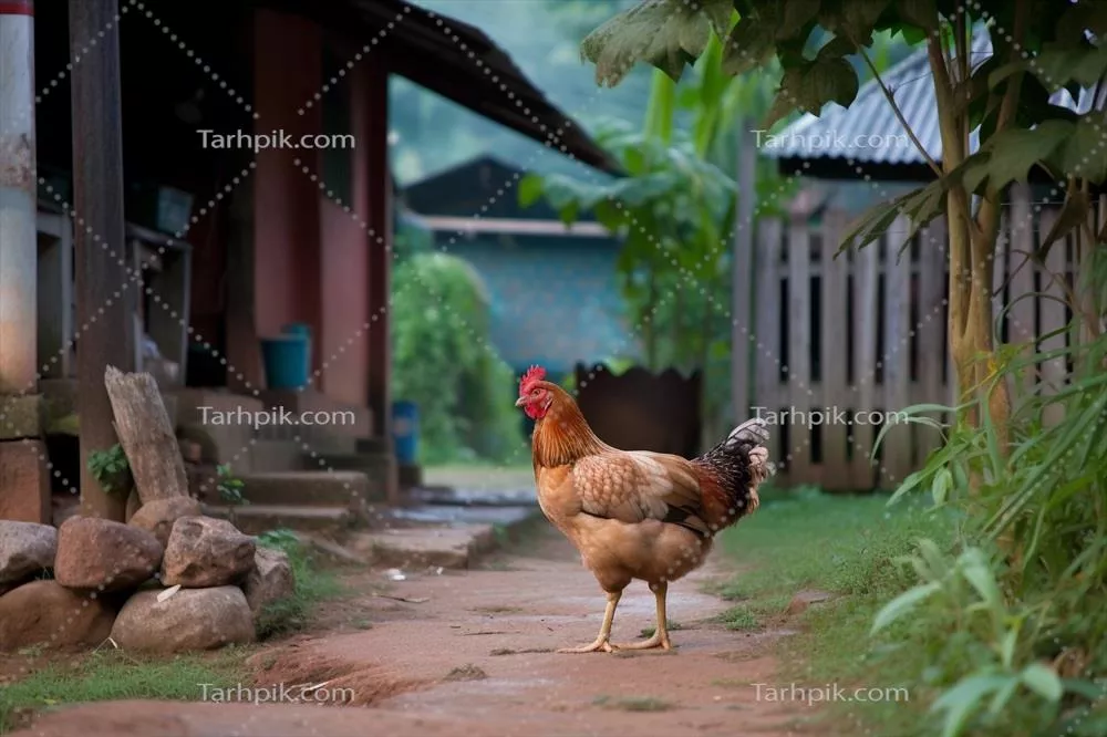 مرغی که در حیاط خانه به آرامی راه می‌رود - کشاورزی و دامداری