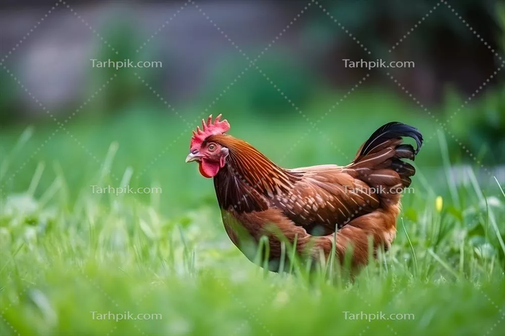 عکس مرغ روی چمن با فضای خالی مناسب برای مفاهیم کشاورزی و پرورش دام