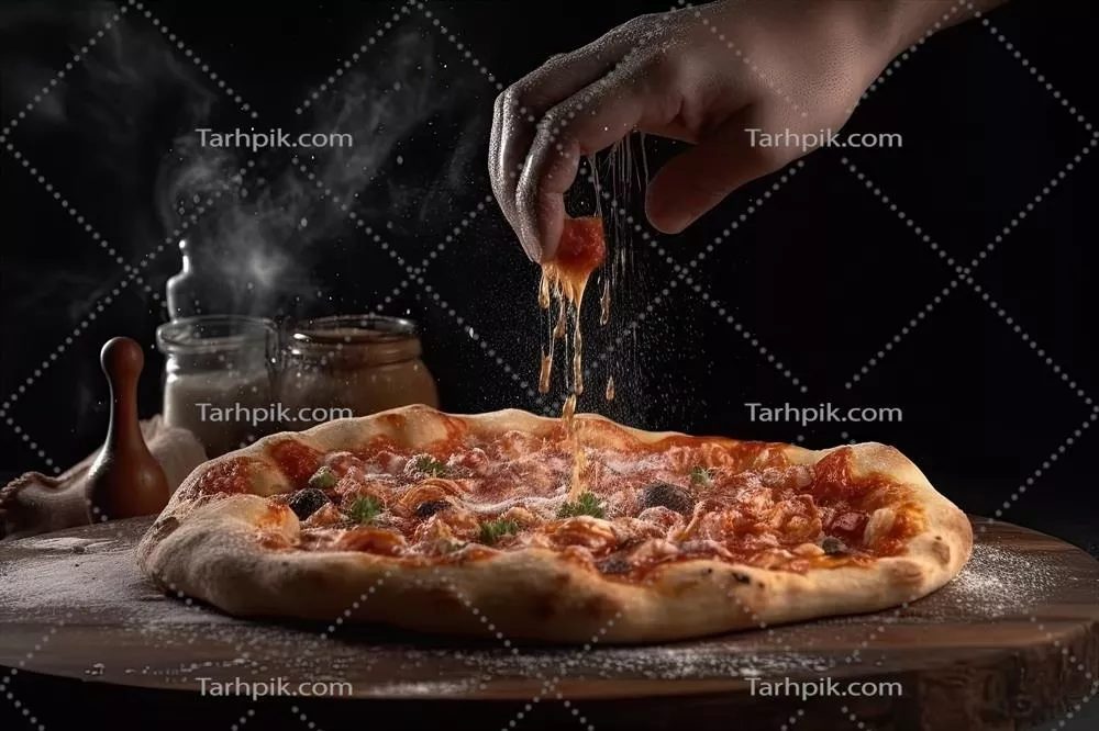 تهیه پیتزا با گوجهفرنگی، موتزارلا و زیتون در یک پسزمینه سیاه