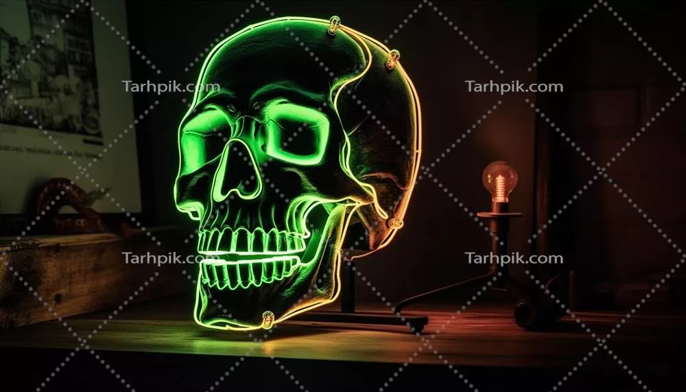 تزئینات ترسناک میزی هالووین با مرکزیت جمجمه انسان درخشان ساخته شده با هوش مصنوعی