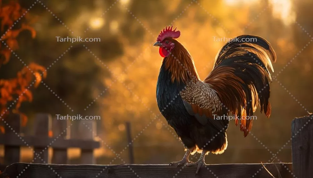 خروس ارگانیک ایستاده در چمن در حال خوکی در طلوع آفتاب با ظرافتی خاص