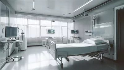 بخش بیمارستانی مدرن با تختهای خالی و تجهیزات پزشکی پیشرفته تولید شده توسط هوش مصنوعی