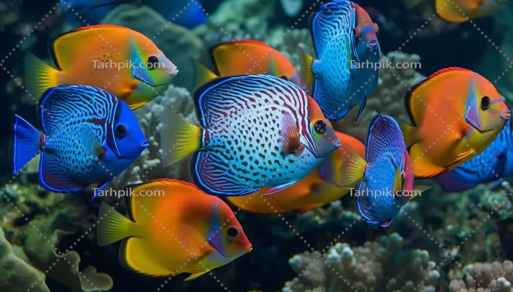 مدرسه‌ای رنگارنگ از ماهی‌ها در آب‌های کارائیب، تولید شده توسط هوش مصنوعی