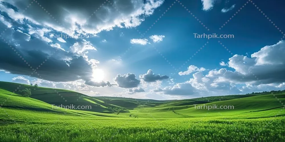 تصویرسازی واقعگرایانه با هوش مصنوعی از یک منظر سرسبز با تپههای علفی