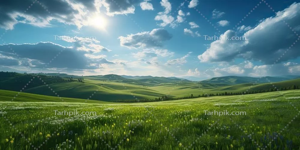 تصویرسازی واقعگرایانه با هوش مصنوعی از دشتهای سبز و تپههای مرتفع