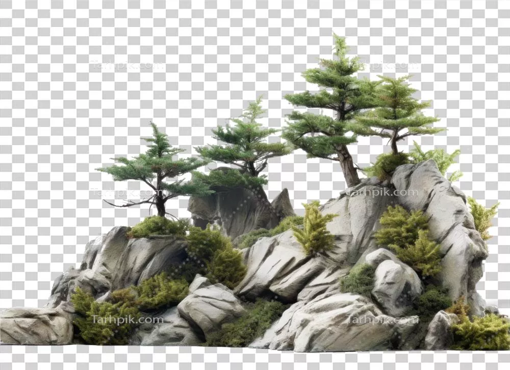 تصویرسازی هوش مصنوعی از درخت و سنگ‌های مجزا در یک منظره طبیعی