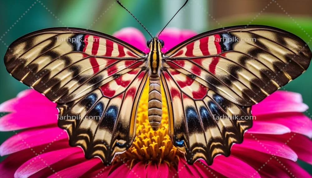 پروانه دمقوچی با بالهای زنده برای گردهافشانی یک گل در بهار