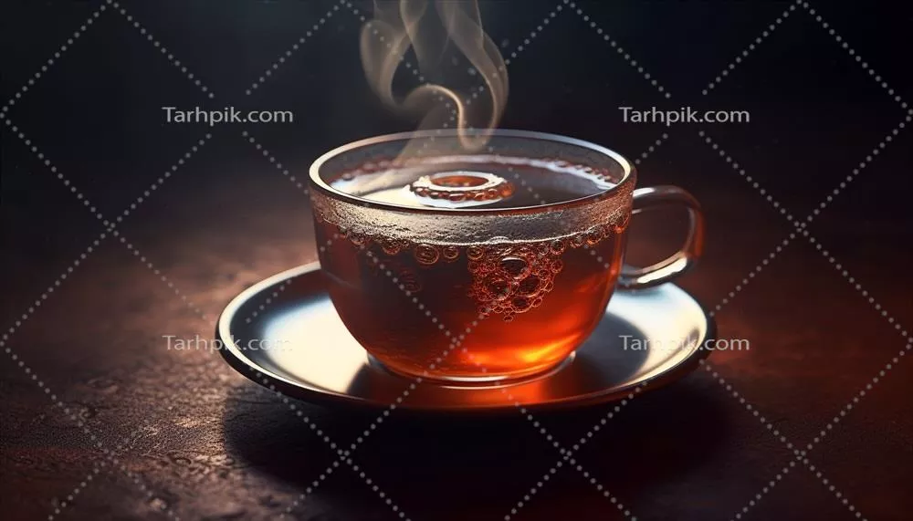 بخار قهوه تازه از فنجان شیشهای شیک متصاعد میشود که توسط هوش مصنوعی تولید شده است