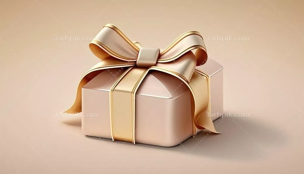 جعبه هدیه سهبعدی با روبان طلایی بر روی پسزمینه طلایی ملایم برای محصولات آرایشی و مناسب برای جشنها