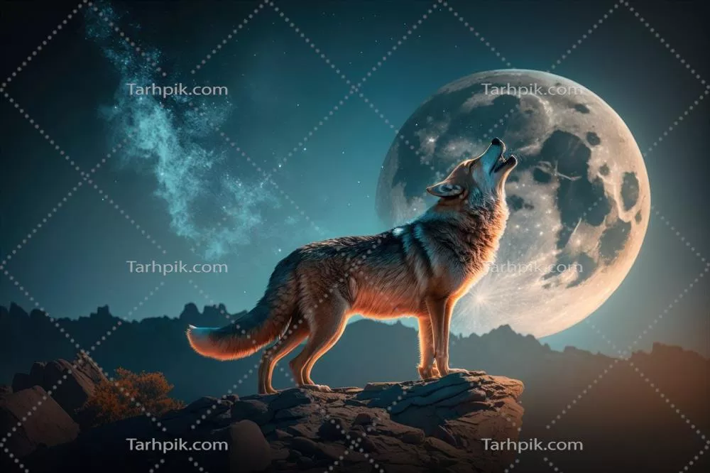 گرگ ایستاده بر تپه و زوزه کشیدن به ماه کامل در هنر هوش مصنوعی