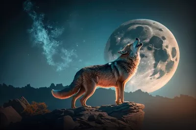 گرگ ایستاده بر تپه و زوزه کشیدن به ماه کامل در هنر هوش مصنوعی
