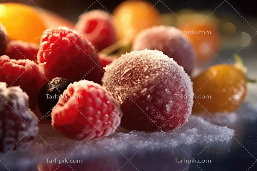 عکس‌های حرفه‌ای از میوه‌های منجمد بر روی میز آشپزخانه با استفاده از هوش مصنوعی