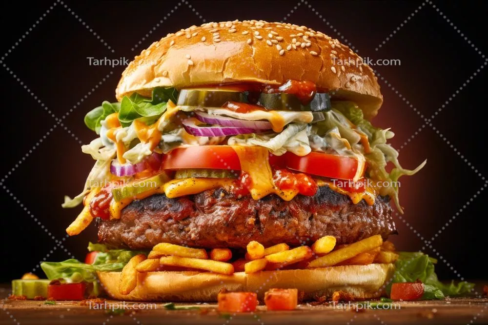 برگر با نان طلایی سبزیجات و کاتلت گوشتی آبدار جذاب با هوش مصنوعی