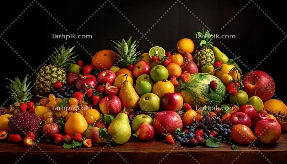مجموعه‌ای پررنگ و خوشمزه از میوه‌های متنوع و رسیده برای تغذیه سالم تولید شده با هوش مصنوعی