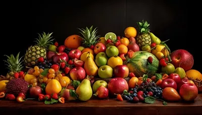 مجموعهای پررنگ و خوشمزه از میوههای متنوع و رسیده برای تغذیه سالم تولید شده با هوش مصنوعی