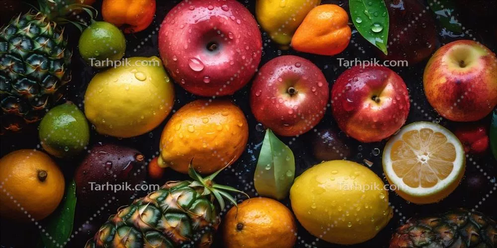 تولید تصویر پس زمینه سالم با قطرات آب و میوه های تازه و ویتامینه