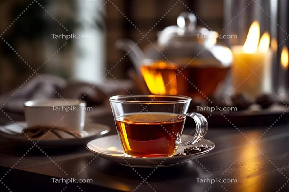 فنجان بخارآلود چای سیاه کلاسیک با نمای میانه - تصویر تولید شده با هوش مصنوعی