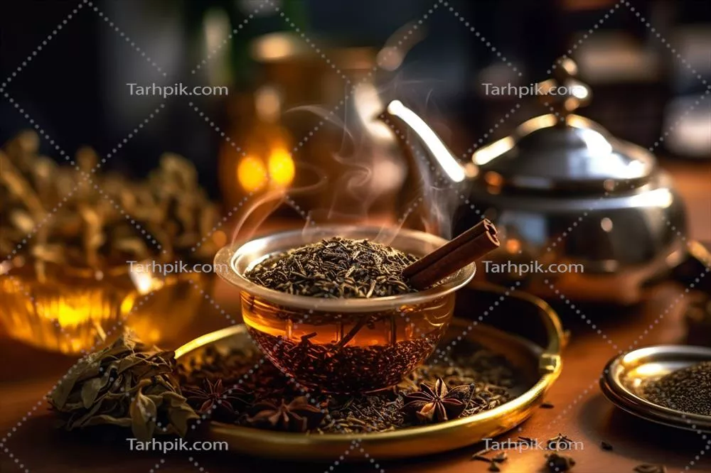 عکس نزدیک از چای برگ رها در صافی با کیفیت بالا و طراحی هوش مصنوعی
