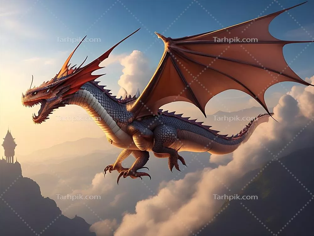 اژدهای باستانی عظیم در قله کوه با دنیای خیالی وسیع در پسزمینه