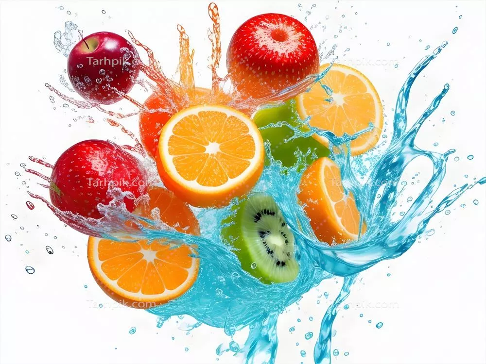 میوهای تازه، رنگارنگ و خوشمزه که در آب سرد بر روی پسزمینهای سفید میریزد